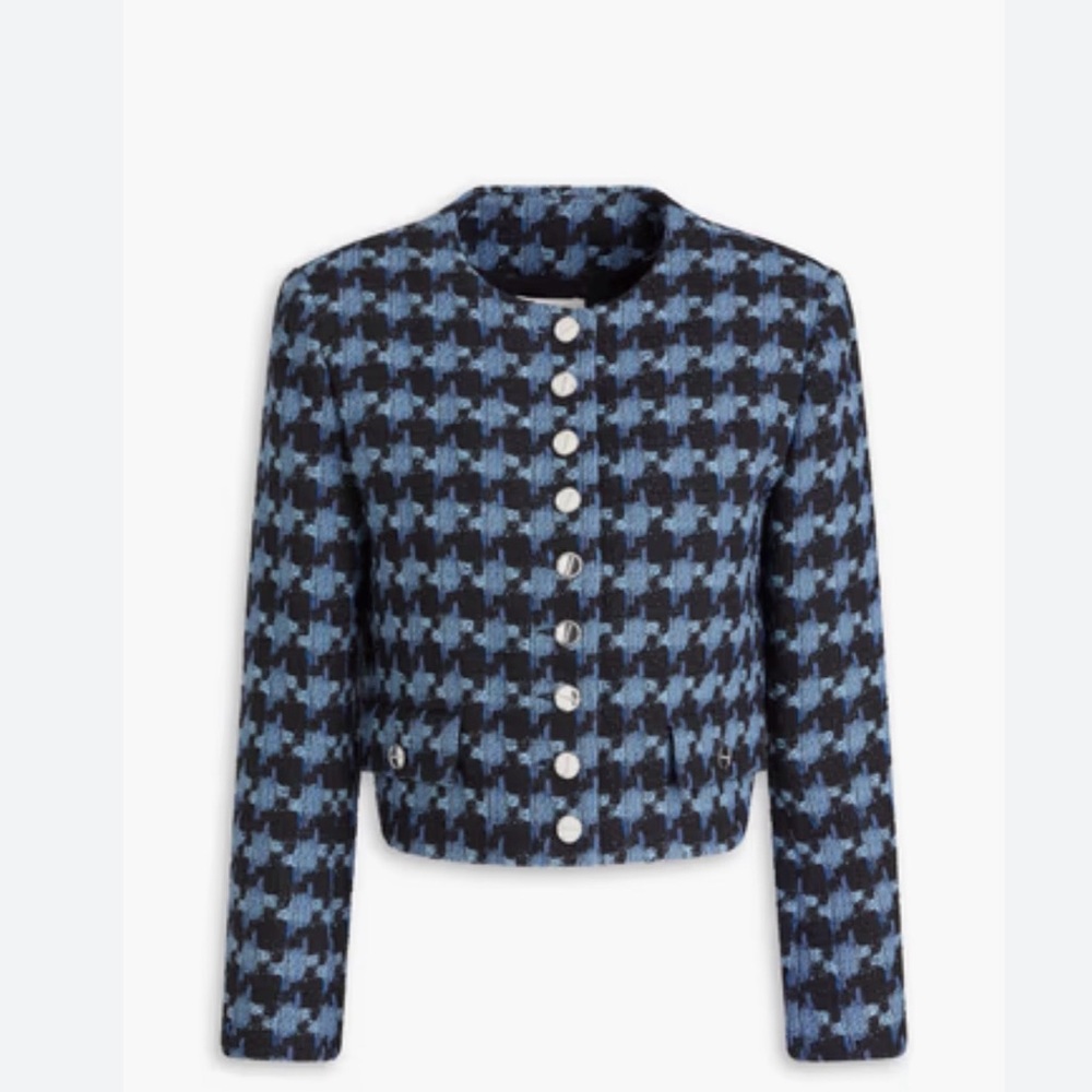 Sandro Cropped Blue Tweed Houndstooth Jacket size 38